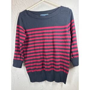 Karen Scott Red Black Striped Pullover Sweater 3/4 Sleeve Boat Neck Womens Sz XS